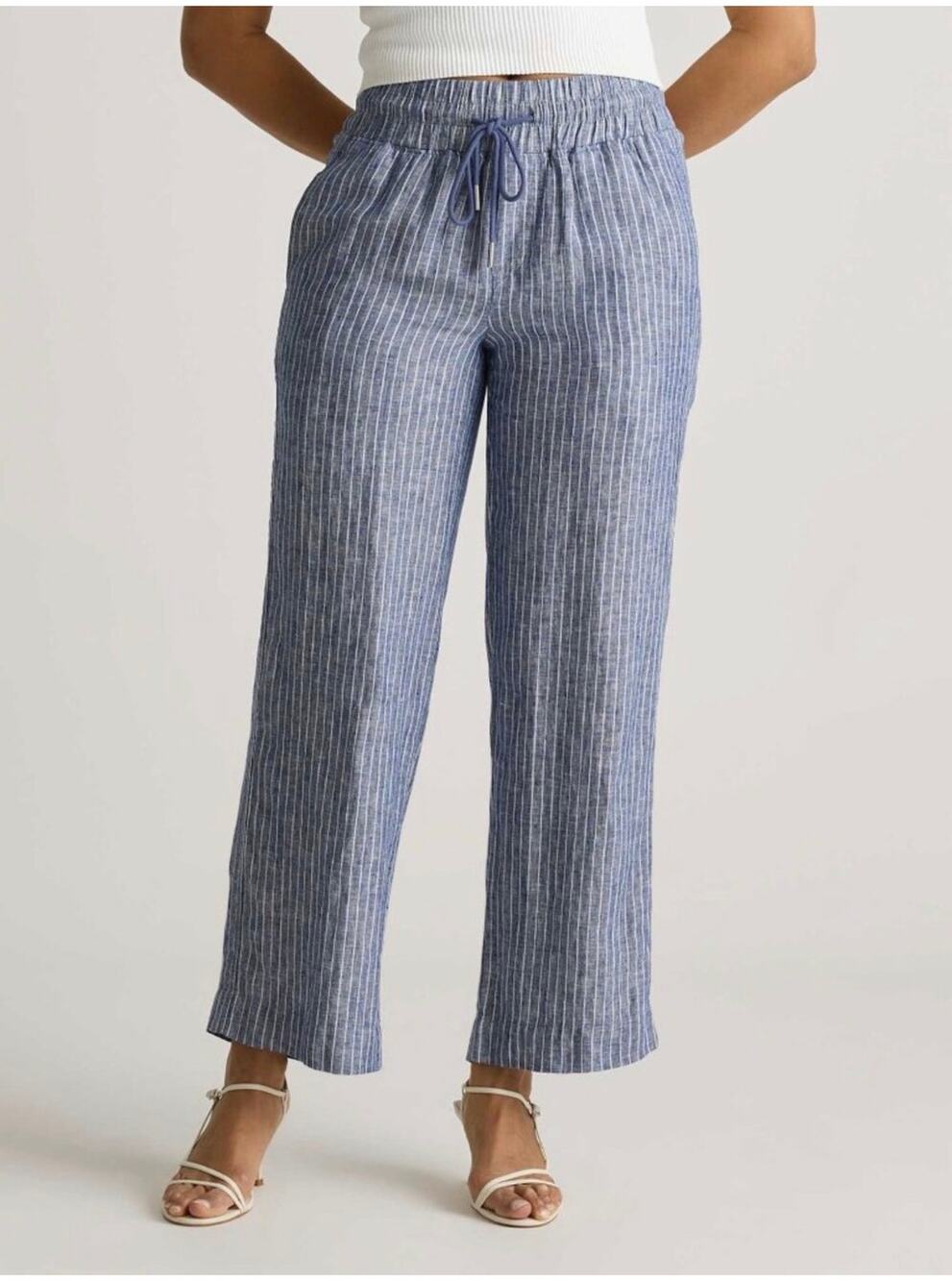 Quince Pants Womens Small Blue Chambray Stripe Wide Leg Linen Relaxed Travel